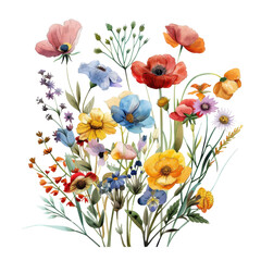Fototapeta premium Beautiful watercolor illustration of mixed vibrant flowers, featuring colorful wildflowers in a variety of shapes and hues.