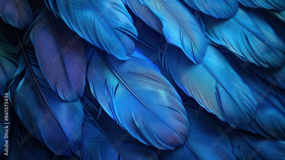 Poster a visually striking collection of blue feathers showing a range of shades and delicate textures, cre