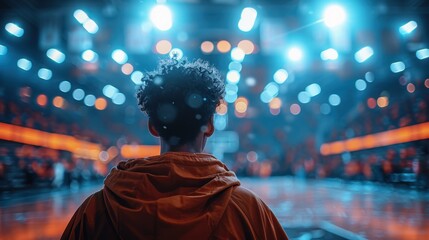 A dramatic scene with a person viewed from behind, standing in the midst of a brightly lit sports arena. The shot emphasizes the grandeur and excitement of large-scale events.