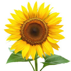 Obraz premium Bright yellow sunflower isolated on a transparent background. showcasing vibrant petals and a detailed center with green leaves.