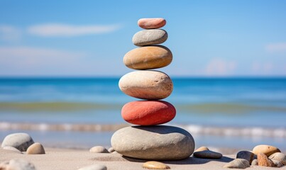 Fototapeta premium Serene Balance: Tranquil Stack of Smooth Stones on Beach with Sky and Sand Text Space