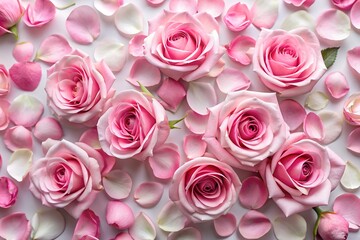 A background of pink rose and petals on a white surface