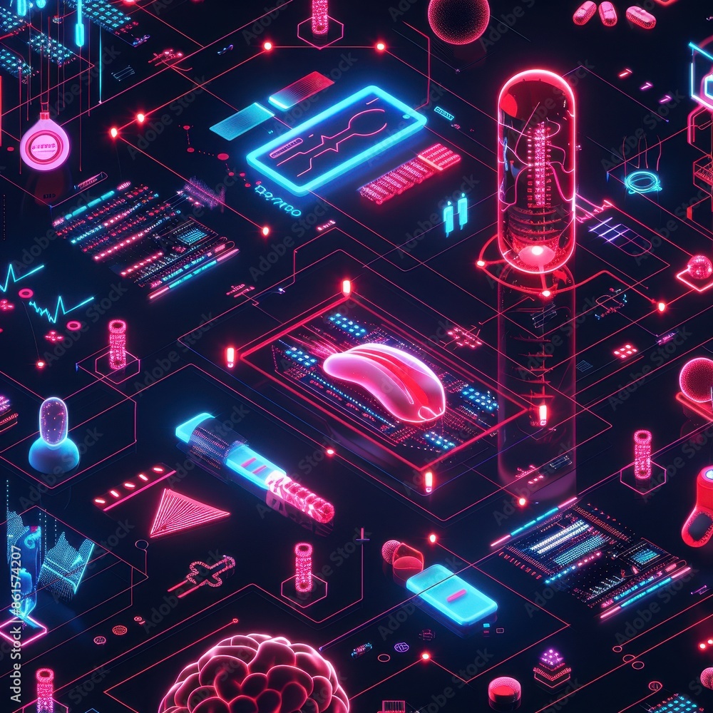 Poster futuristic digital interface showcasing various scientific and medical elements in a neon-lit, high-
