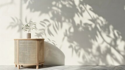 There is a chest of drawers with tree leaf shadow white wall background
