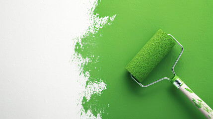Obraz premium A paint roller painting a white wall with green paint, close-up.