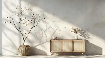 There is a chest of drawers with tree leaf shadow white wall background