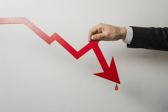Hand in suit holds red zigzag arrow pointing down on white