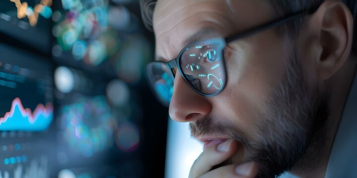 Expert explaining holographic visuals using blockchain technology in a nutshell. Concept Holographic visuals, blockchain tech