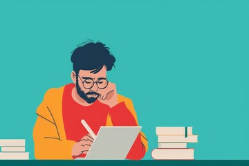 Modern Student Using Educational Technology for Math Problem Solving - 2D Flat Illustration