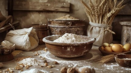 Fototapeta premium Rustic kitchen scene with flour, wheat, eggs, and baking ingredients, creating a warm, homey atmosphere perfect for traditional baking themes.