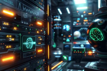 Fototapeta premium Digital illustration of AI icons on a skyscraper, symbolizing the integration of artificial intelligence in urban architecture