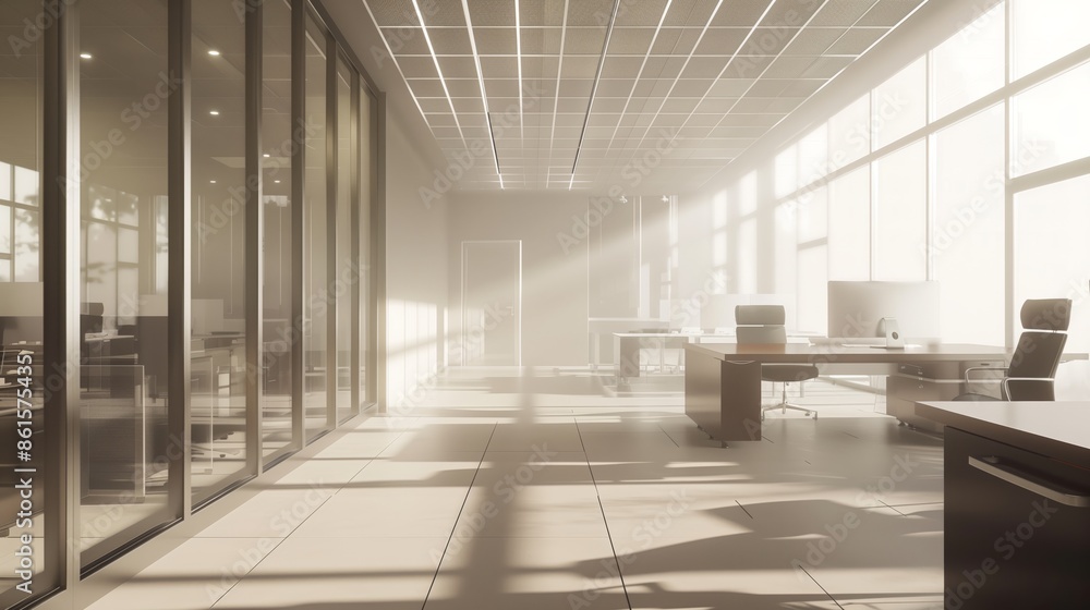 Poster an empty modern office interior with large windows and a tiled floor. soft sunlight streams through 