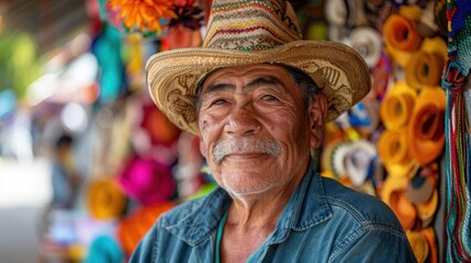Fototapeta premium Middle-Aged Man Selling Handmade Crafts at San Pedro Sula Market