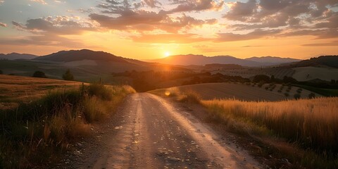 Sunset on a country road in Tuscanys Val di Cecina Italy. Concept Landscape Photography, Tuscan Countryside, Sunset Scenery, Val di Cecina, Country Road