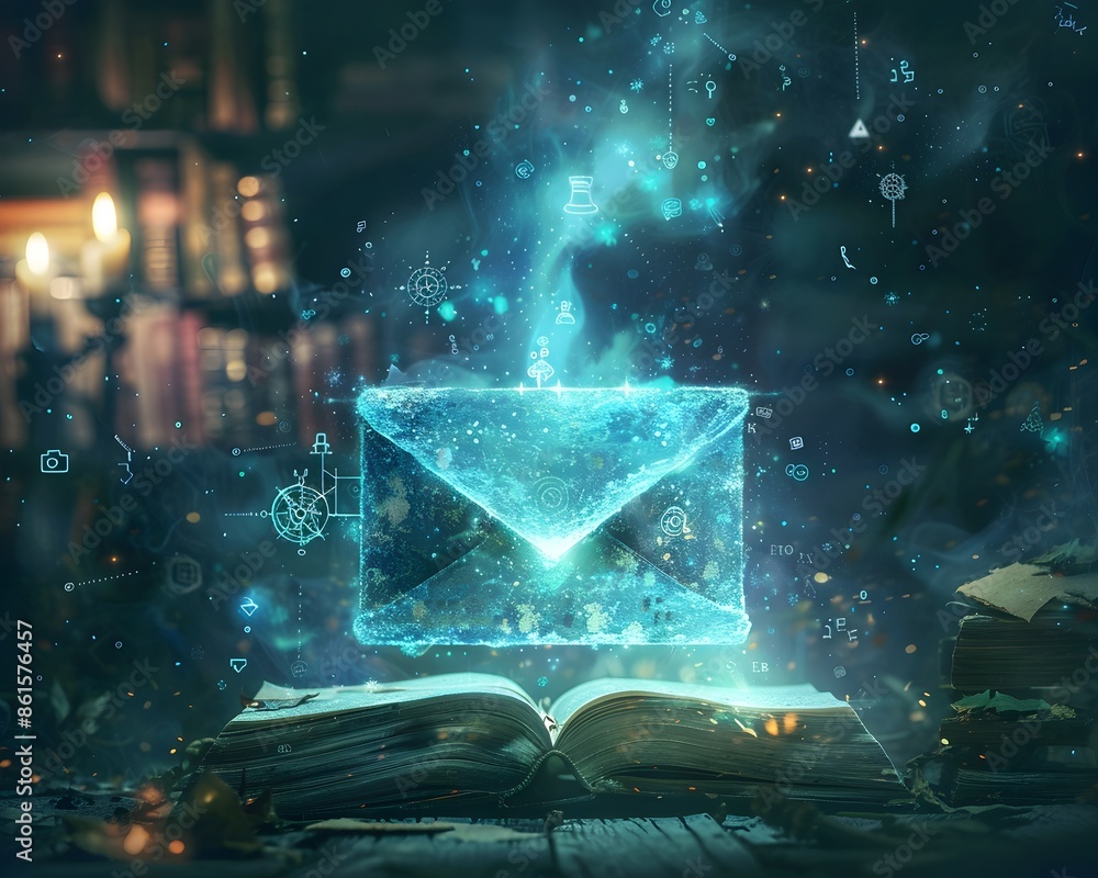 Poster glowing email icon in enchanted fantasy setting with magical symbols and sparkling light