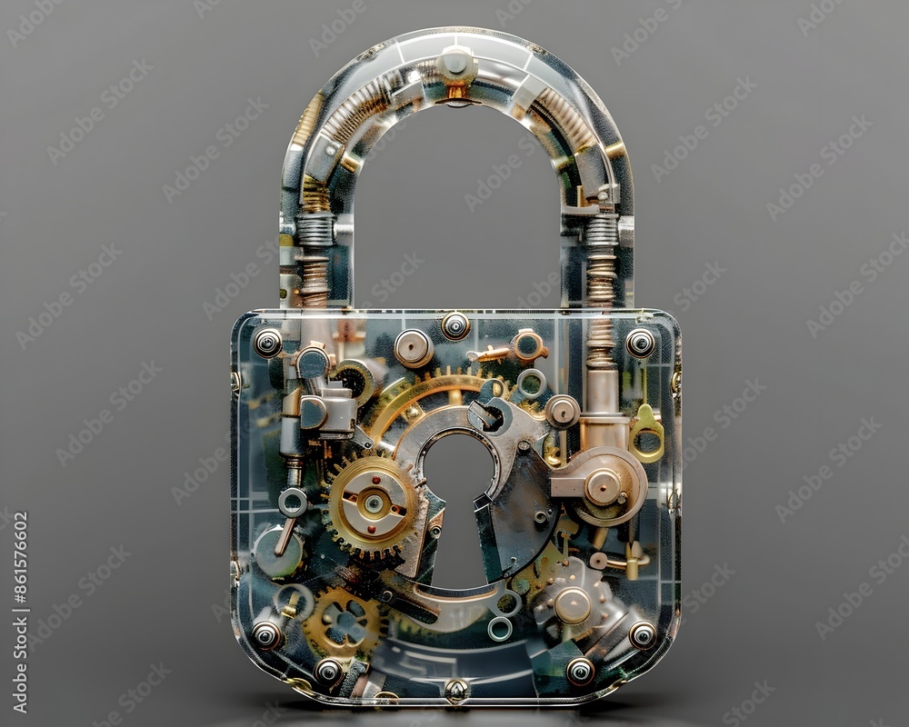 Poster transparent padlock mechanism displaying intricate internal components