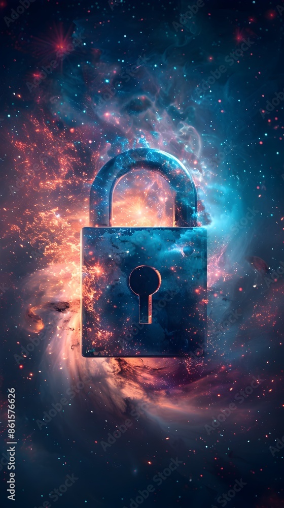 Poster padlock icon embedded in cosmic space setting with glowing stars and nebulae