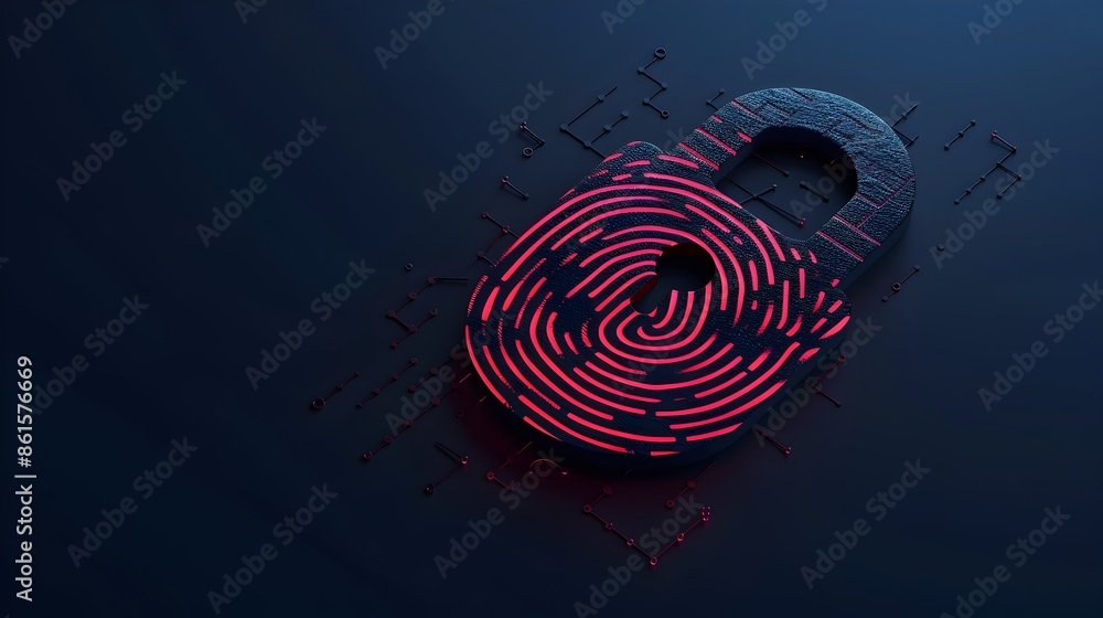 Poster padlock icon with biometric fingerprint scanner representing digital security