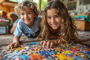 Fototapeta premium Two children, a boy and a girl, smile joyfully as they work together to solve a colorful puzzle laid out in their cozy, vibrant living room, symbolizing fun, teamwork, and childhood joy.