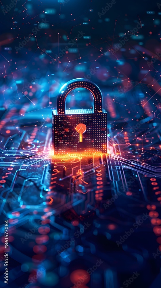 Poster glowing padlock icon in a digital storm surrounded by binary code symbolizing cybersecurity and data