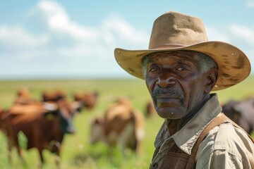 Elderly Cowboy Managing Cattle on South African Savanna Ranch

