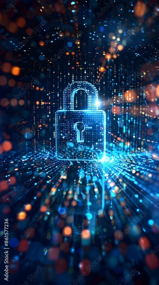 Poster padlock icon in a digital storm securing data in the binary realm