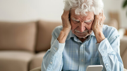 Elderly man looking upset and frustrated with hands on head while using smartphone, seated on a couch in a home setting.