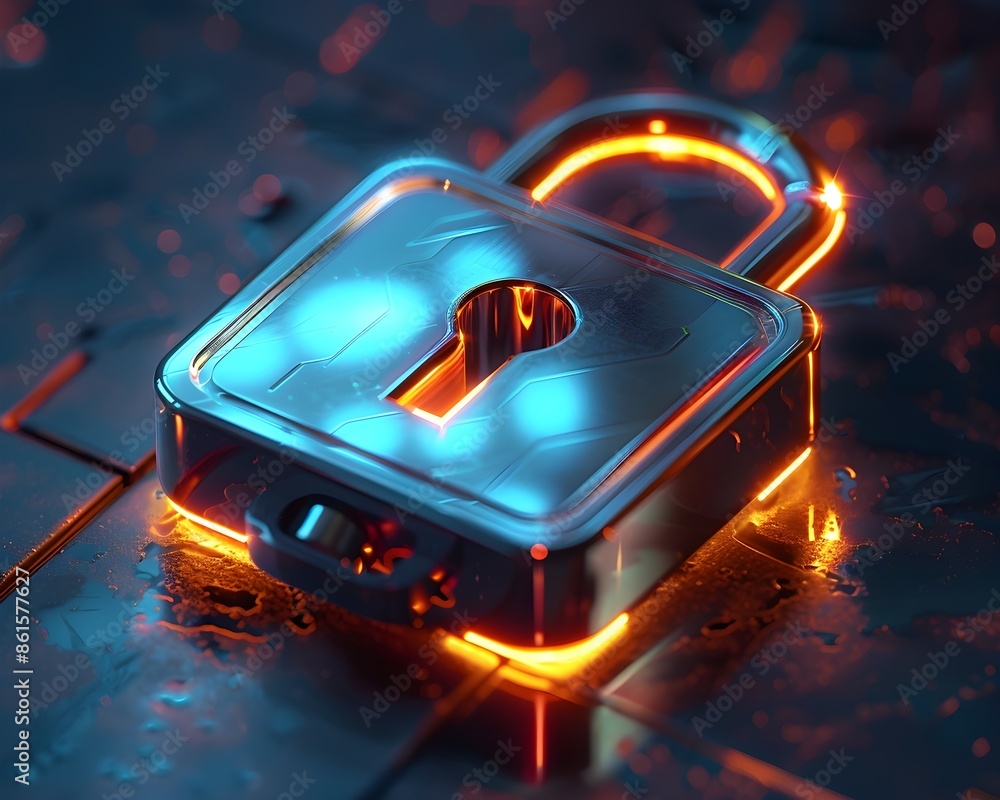 Poster futuristic padlock icon on sleek high tech digital device with glowing illumination and copy space
