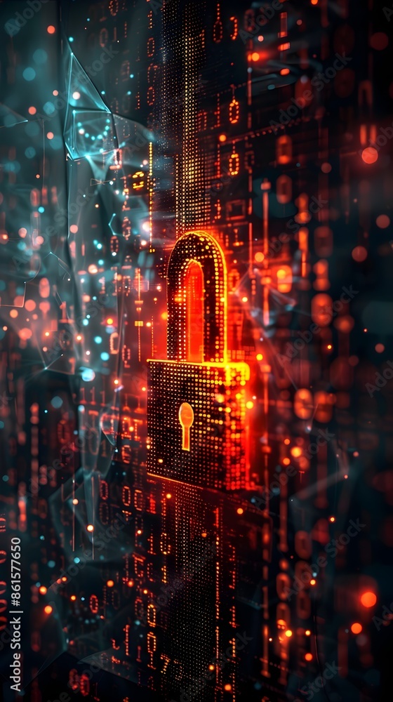 Poster futuristic padlock icon in a digital code matrix symbolizing cybersecurity and data protection