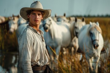 Young Camargue Guardian Herding White Horses in French Wetlands

