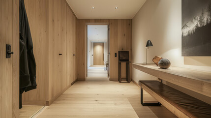 Fototapeta premium Modern hallway interior with wooden walls and flooring, minimalist decorations, and ambient lighting leading to a cozy room.