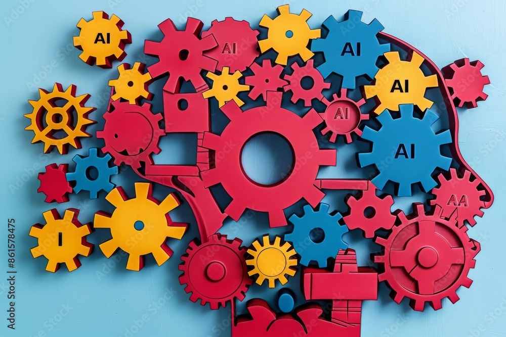 Poster digital illustration of colorful gears with ai symbols, representing the integration of artificial i