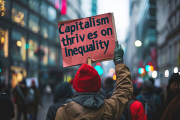 Protester holding a 'Capitalism Thrives on Inequality' sign with writing “ Capitalism thrives on Inequality “