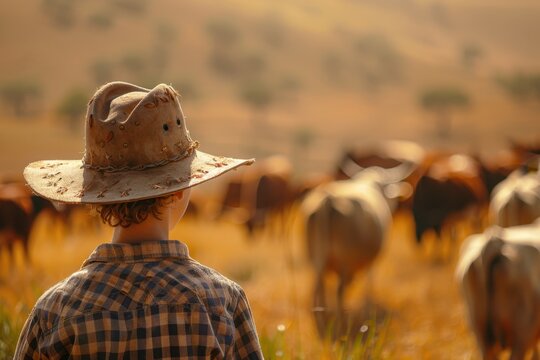 Young Jackaroo Mustering Cattle in the Australian Outback

