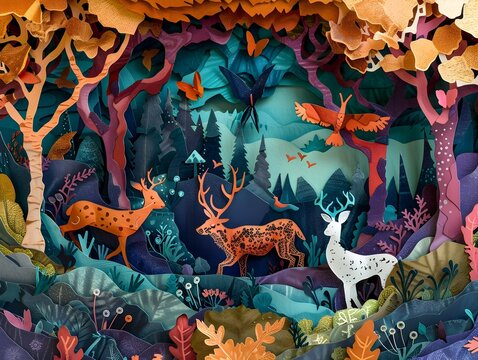 Enchanted Woodland Landscape with Vibrant Papercraft Forest Creatures