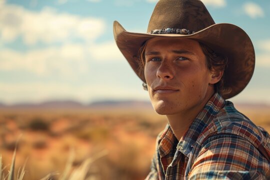 Young Jackaroo Mustering Cattle in the Australian Outback

