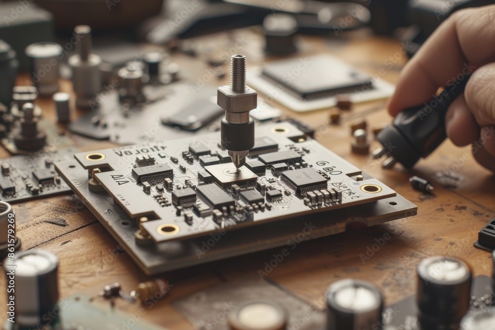 Poster close up photo of a person adjusting an ai chip on a circuit board, symbolizing the advancements in 