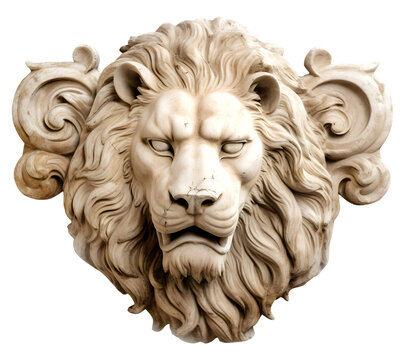 Marble relief with male lion head on the transparent background. Antique sculpture with the king of the animals.	