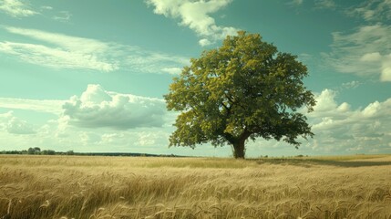 Fototapeta premium Iconic tree standing alone in a sprawling field, a testament to nature's resilience and enduring beauty.