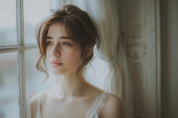 Contemplative Moments: Woman in a Simple White Dress generative ai