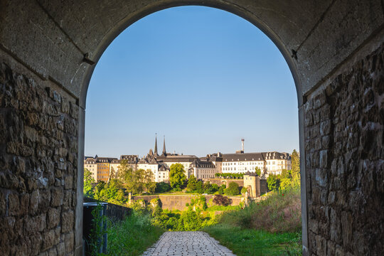 View over Luxembourg city from the Fort Thungen in Drai Eechelen Park