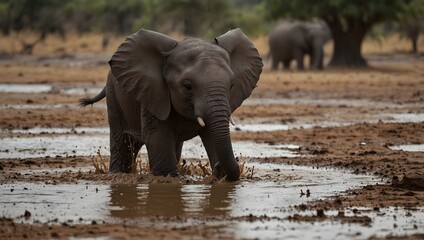 The moment a baby elephant splashes happily in a muddy watering hole ai-generated