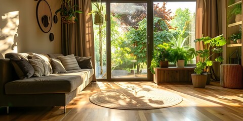 Fototapeta premium Captivating living room featuring large windows and floral decor, perfect for photography. Concept Indoor Photography, Natural Light, Floral Decor, Home Interiors, Window Backdrop