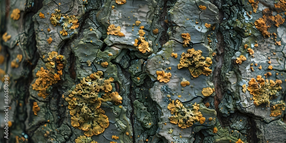 Poster examining small moss structures on tree bark a closer look at spores and details. concept moss struc