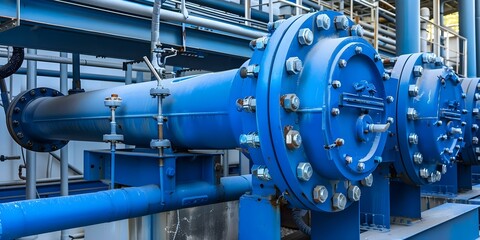 Prominent Blue Pipe Heat Exchanger Positioned on the Side. Concept Pipe Heat Exchanger, Blue Color, Prominent Position, Side Placement