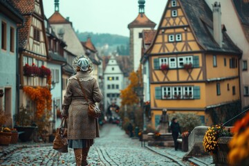 Naklejka premium Middle-Aged Woman in Traditional Dirndl Walking Through Medieval Rothenburg ob der Tauber