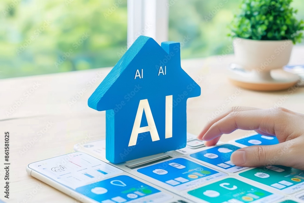 Poster ai driven smart home concept with a blue ai house model on a table, showcasing the integration of ar