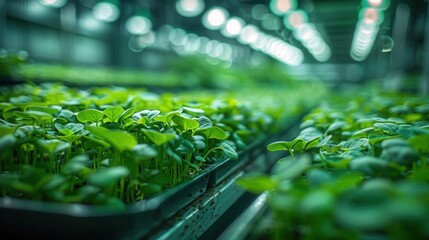 Eco-friendly small business. Urban microgreen farm with plastic containers. Baby radish leaves