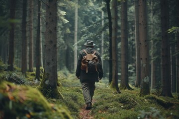 Elderly Man Hiking in the Black Forest in Traditional Bavarian Clothing

