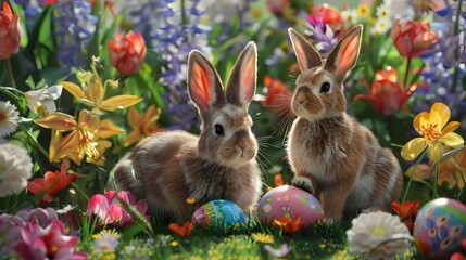 Obraz premium Enchanting 3D Easter Card with Bunnies Painted Eggs and Vibrant Spring Flowers